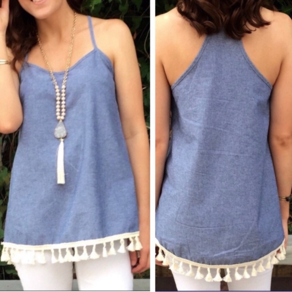 Linen Blue Tank Top with Tassel Trim Details